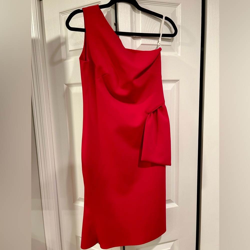 PH5 red one shoulder cocktail dress with side zip.
